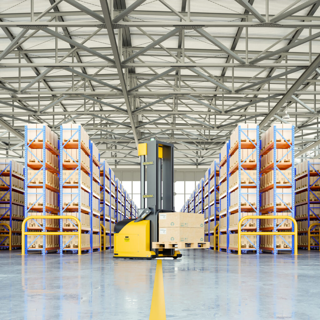 Modern warehouse with automated forklift and organised shelving, representing an advanced warehouse management system in UK for wholesale distributors.