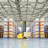Modern warehouse with automated forklift and organised shelving, representing an advanced warehouse management system in UK for wholesale distributors.