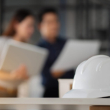 White hard hat on a desk with construction professionals discussing plans in the background, symbolising the benefits of construction ERP software.