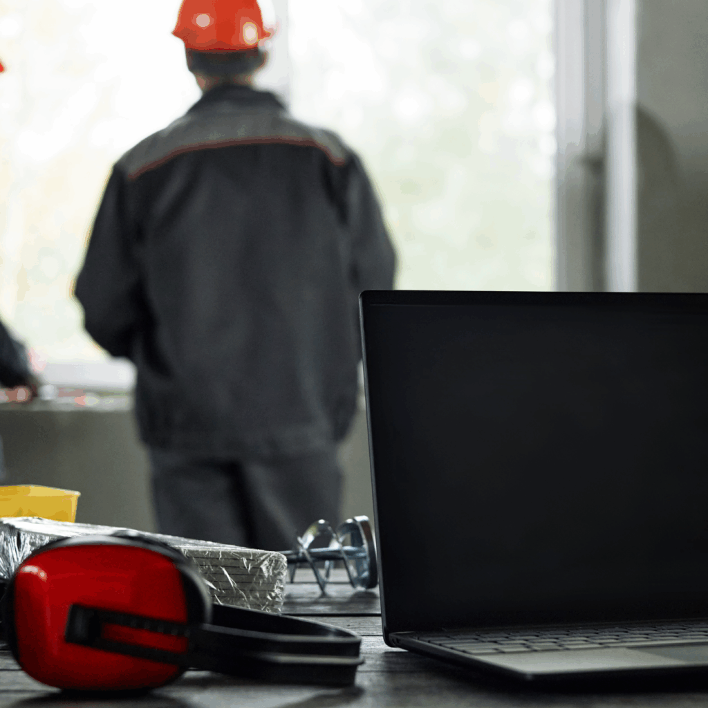 Two middle-aged men discussing a project near a laptop while reviewing field service management software