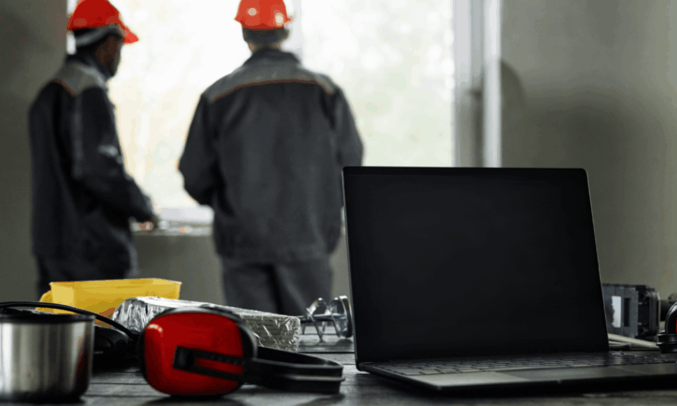 Two middle-aged men discussing a project near a laptop while reviewing field service management software