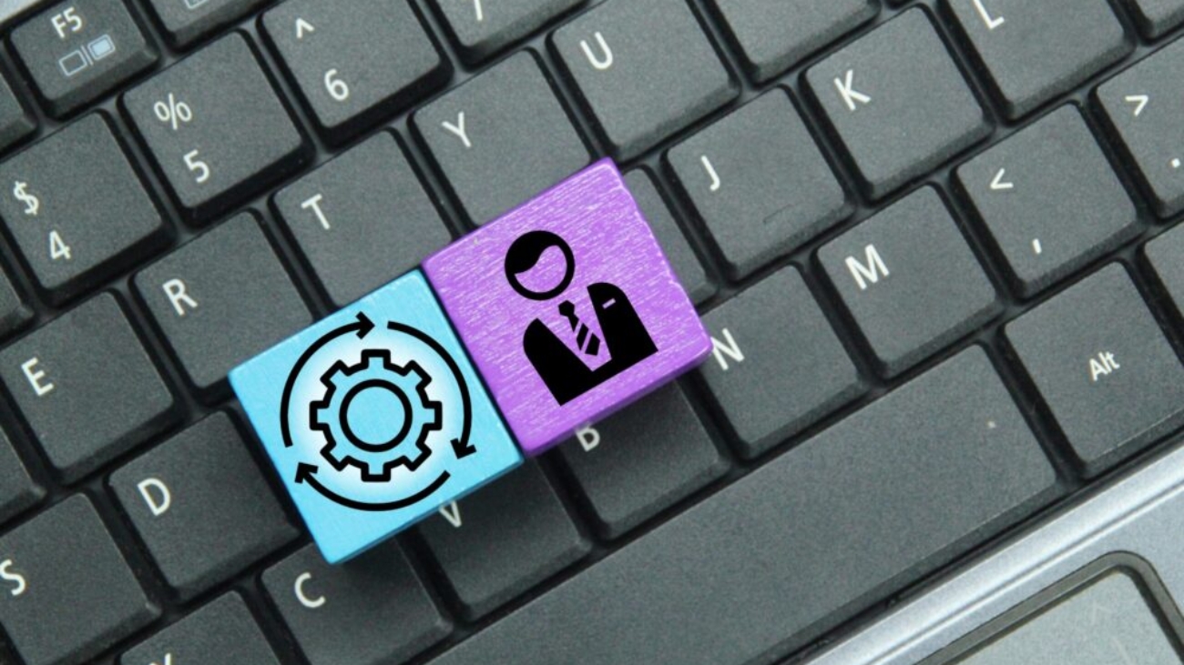 Coloured cubes stacked with employee and management icons representing NetSuite ERP team collaboration.