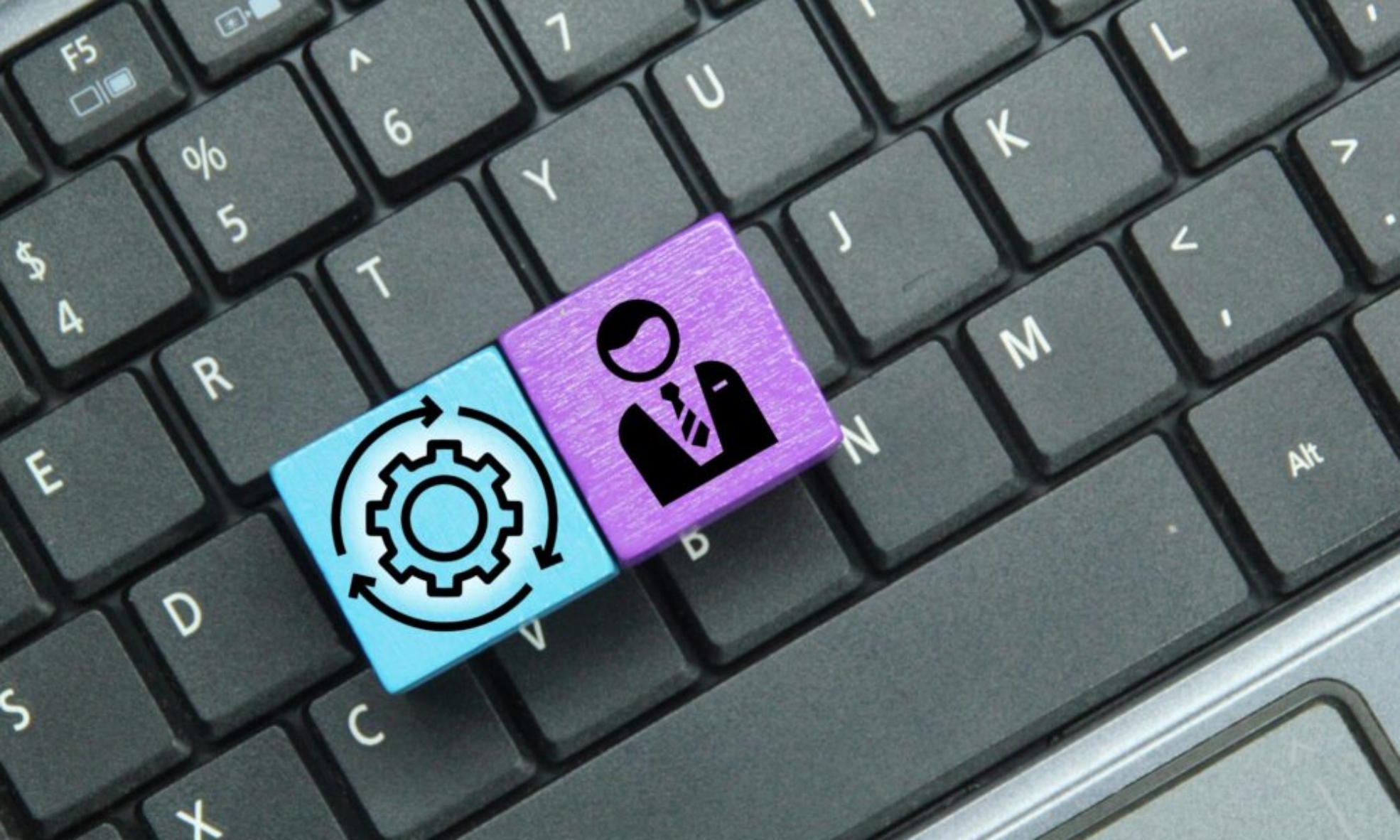 Coloured cubes stacked with employee and management icons representing NetSuite ERP team collaboration.