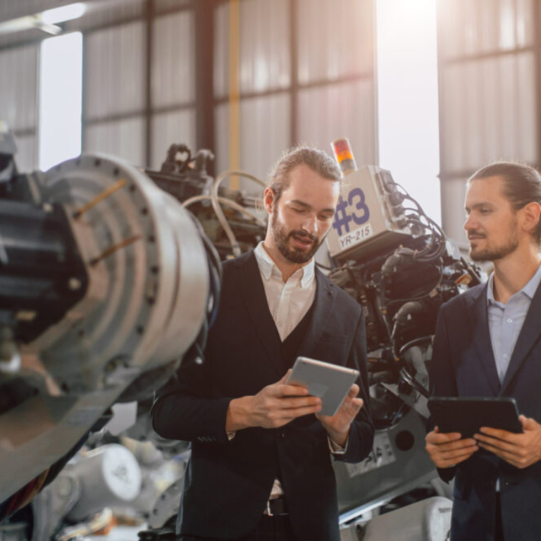 Businessman working in robotic factory supported by Manufacturing Software Systems