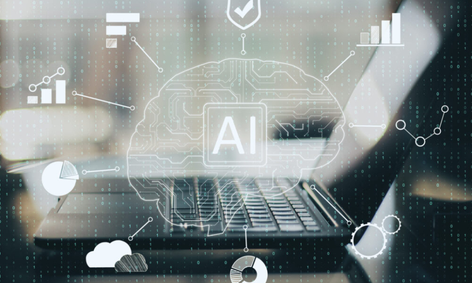 Close-up of laptop with creative AI circuit brain representing NetSuite ERP and embedded intelligence