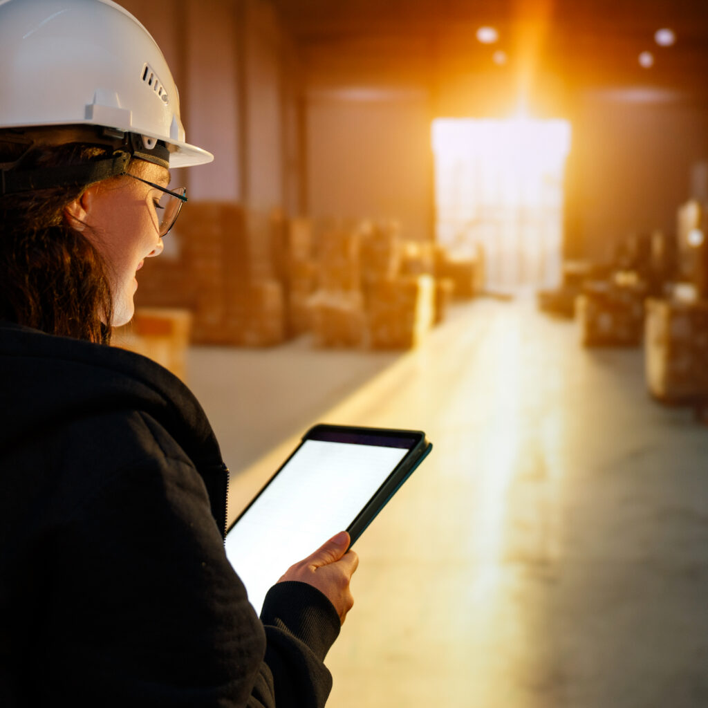 Young woman working in a warehouse using NetSuite ERP for inventory management
