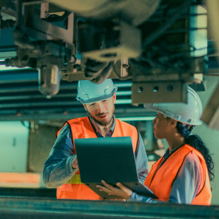 Manufacturing technicians inspect and repair engine using NetSuite ERP system insights