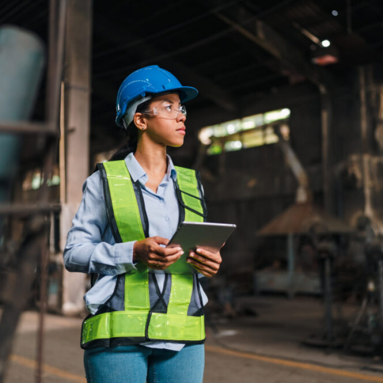 Production manager reviewing manufacturing data on a tablet on the factory floor, representing NetSuite ERP